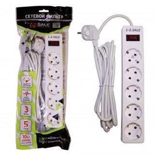 1-2.SALE сетевой фильтр ПВС 3х0.75 5роз. 3м 10А БЕЛЫЙ, земля, выкл. E1М 901417
