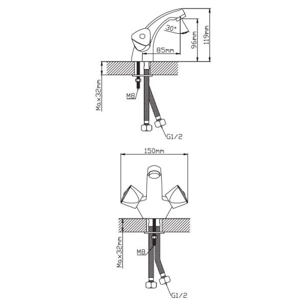 Смеситель для раковины двухручковый  хром  Potato Эверест B10-334