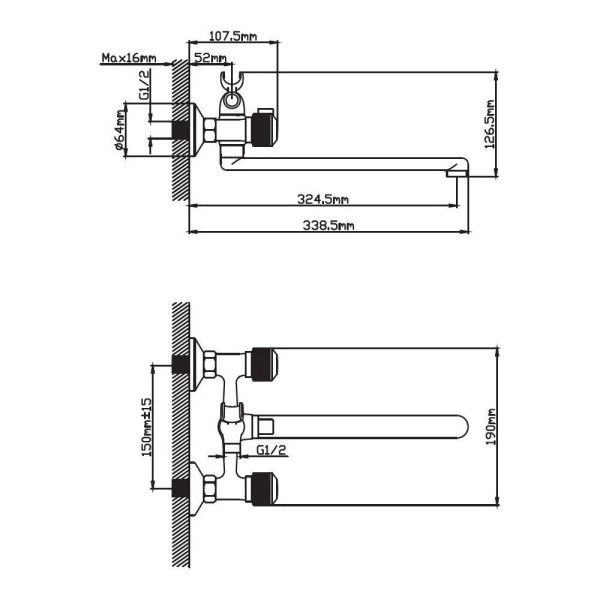 Смеситель для ванны и умывальника двухручковый черный Potato Эверест B 23-356F