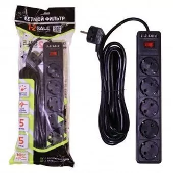 1-2.SALE сетевой фильтр ПВС 3х0.75 5роз. 5м 10А ЧЕРНЫЙ, земля, выкл. E1М 901420
